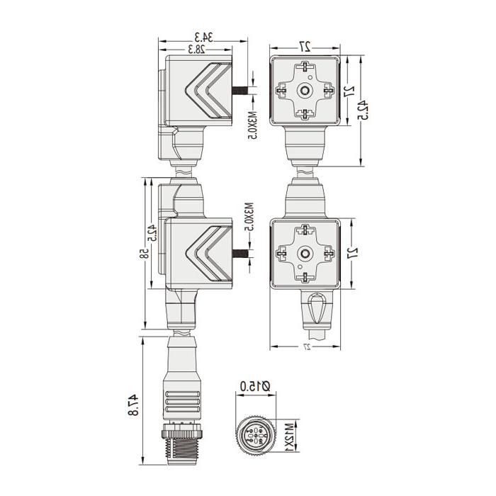 阀门插头类型A，DIN，18mm，4Pin/M12直型公头、双端预铸PVC非柔性电缆、灰色护套、6VA083-L1/L2